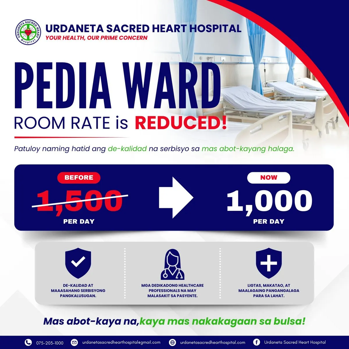 Pediatric ward rate reduced — official Urdaneta Sacred Heart Hospital announcement
